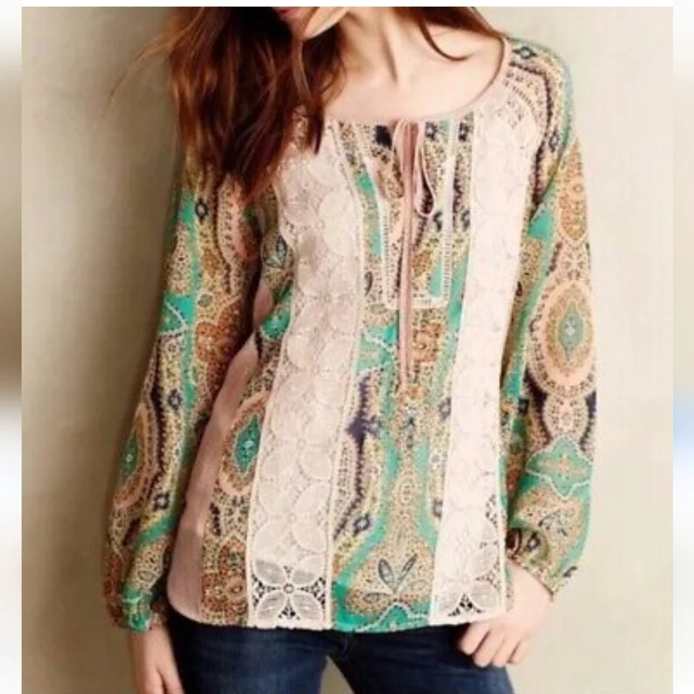 Meadow Rue Anthropologie Crochet Lace Peasant Blouse Medium